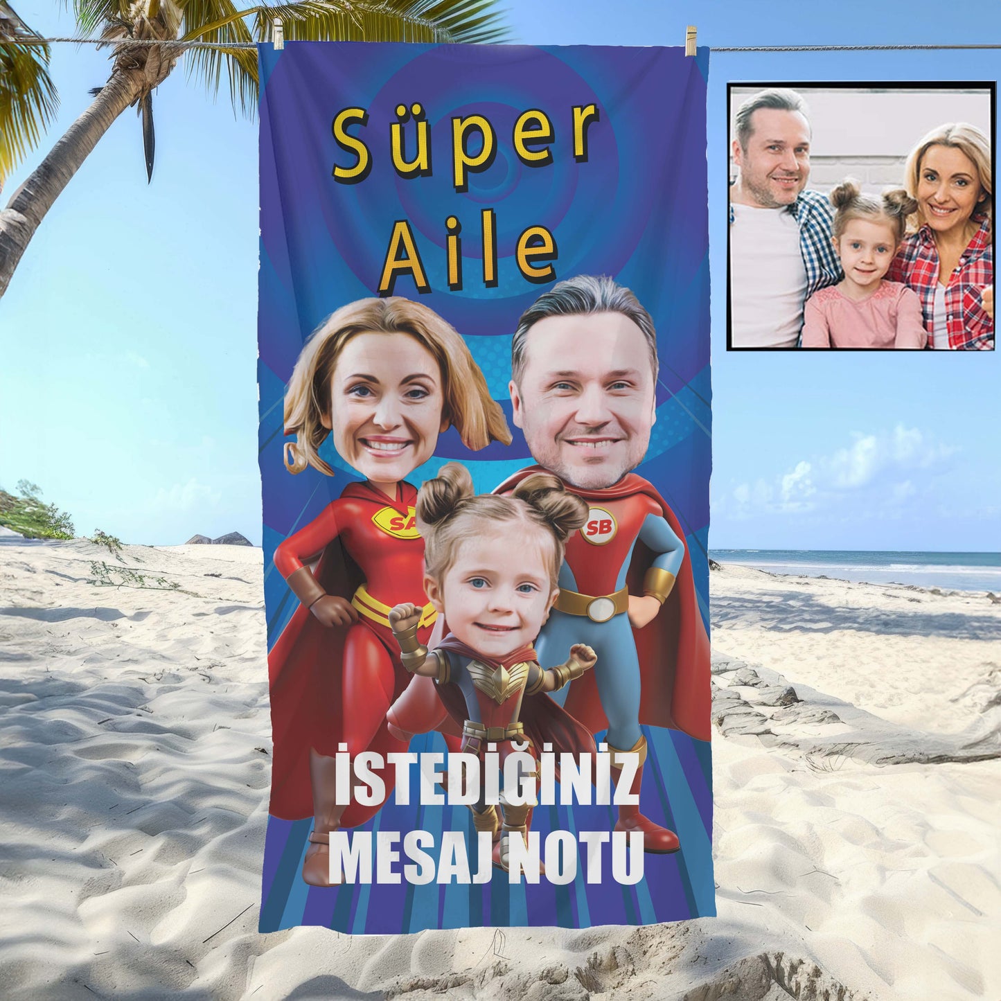 Kişiye Özel Mesajlı Karikatür Fotoğraflı Süper Aile Plaj ve Banyo Havlusu 115074