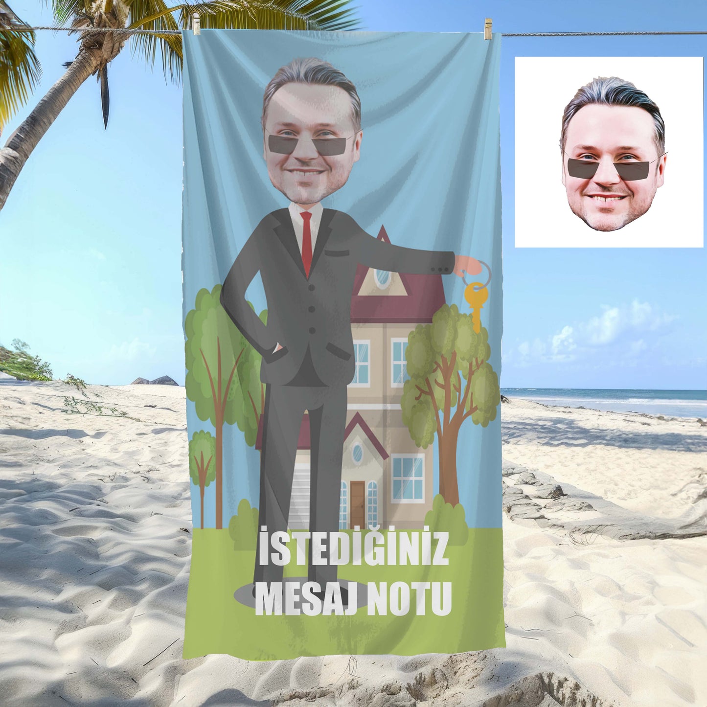 Kişiye Özel Mesajlı Karikatür Fotoğraflı Emlakçı Plaj ve Banyo Havlusu 115875
