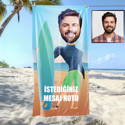 Kişiye Özel Mesajlı Karikatür Fotoğraflı Sörfçü Plaj Ve Spor Havlusu 115046