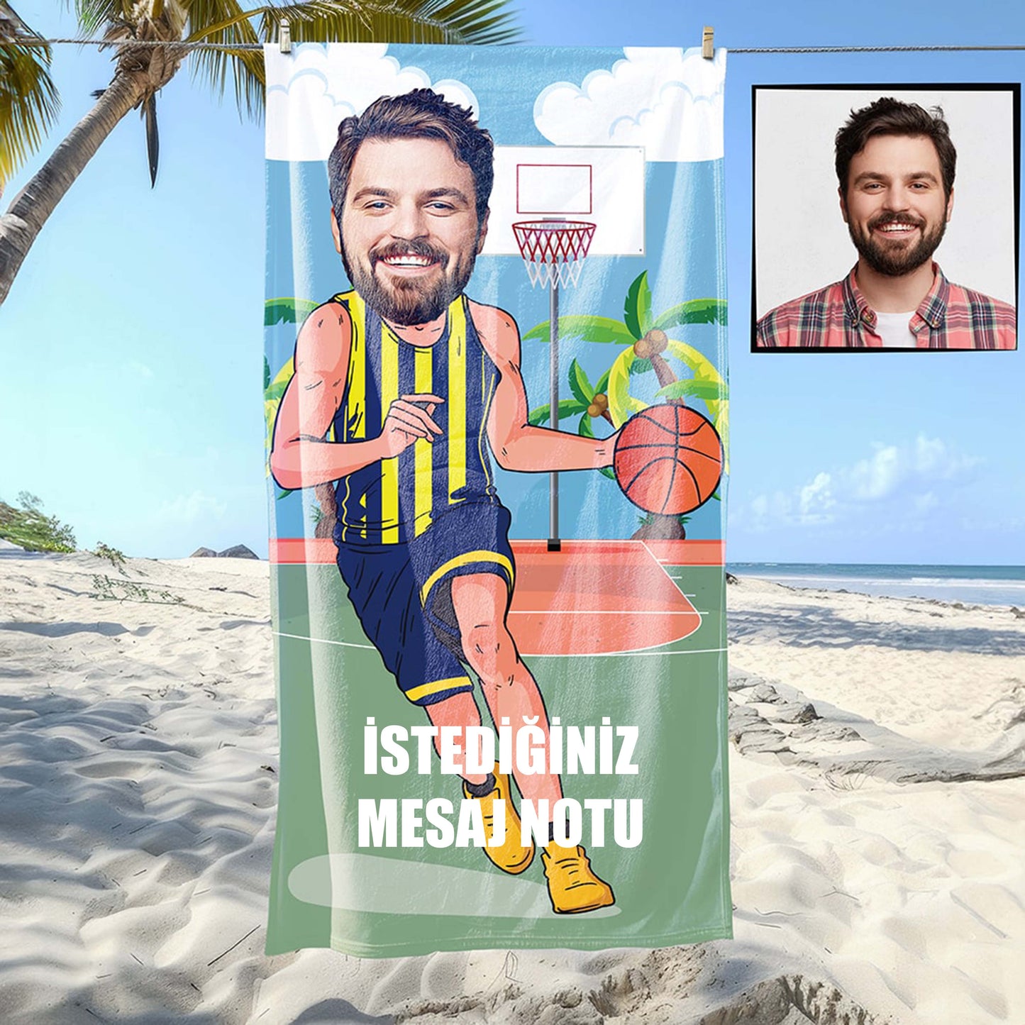 Kişiye Özel Mesajlı Karikatür Fotoğraflı Taraftar Basketbocu Plaj Ve Spor Havlusu 115067