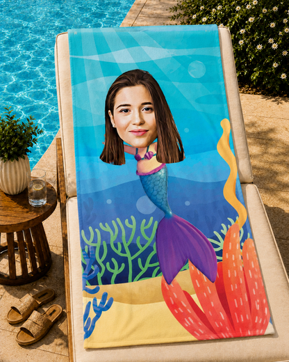 Kişiye Özel Karikatür Fotoğraflı Deniz Kızı Plaj ve Banyo Havlusu 115702