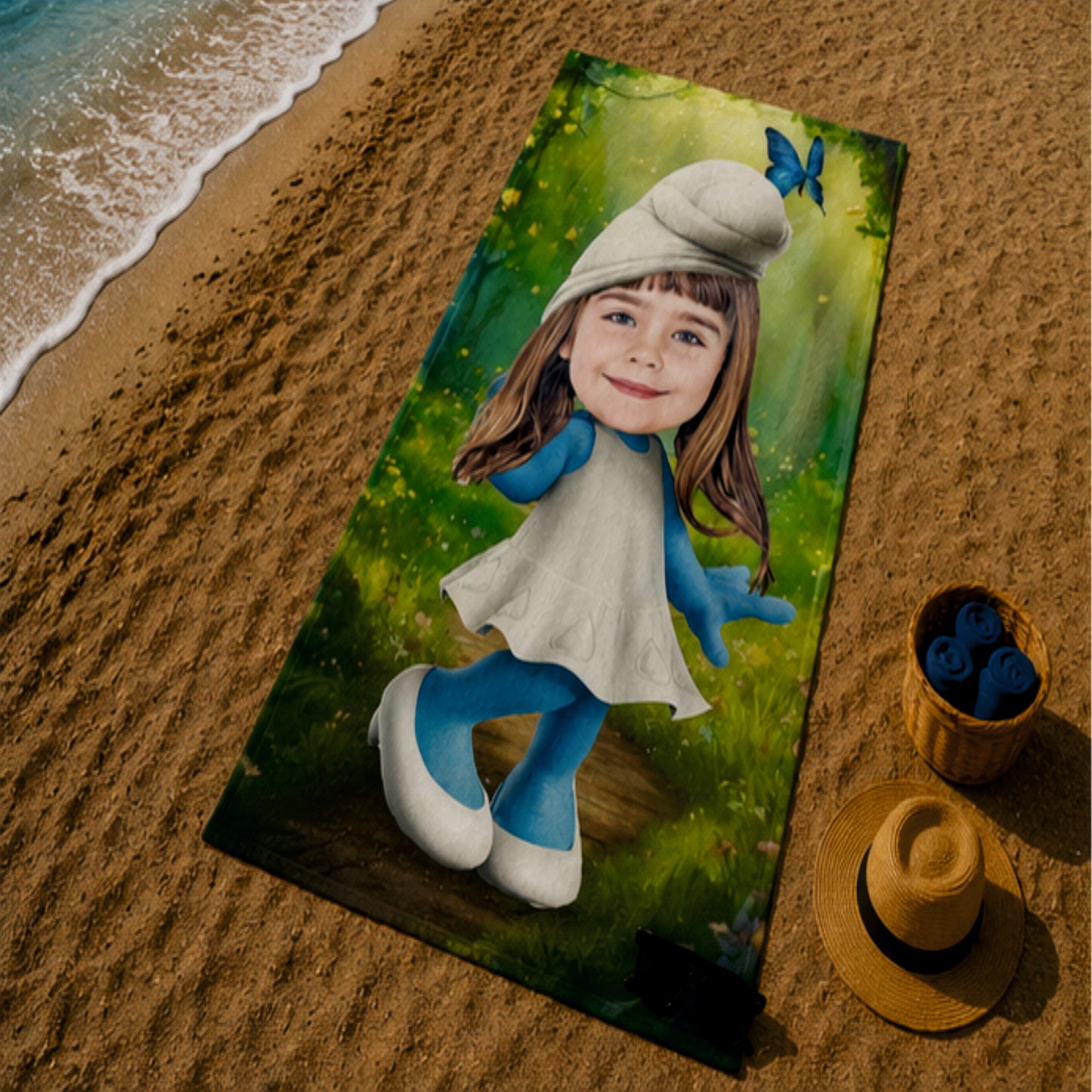 Kişiye Özel Karikatür Fotoğraflı Şirinler Bebek Plaj ve Banyo Havlusu 115771