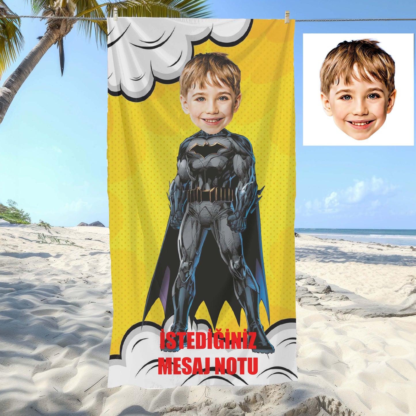 Kişiye Özel Mesajlı Karikatür Fotoğraflı Batman Bebek Plaj ve Banyo Havlusu 115791