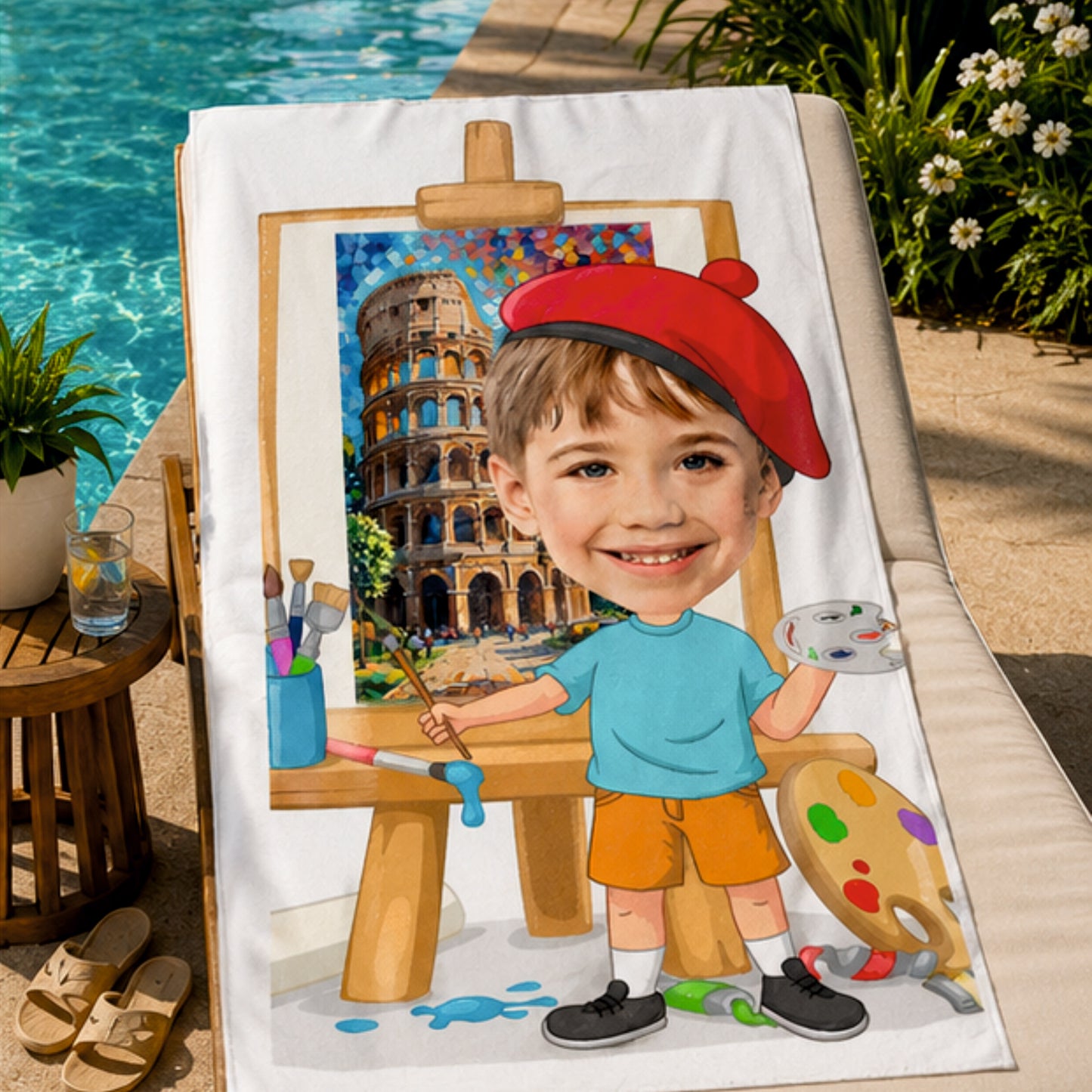 Kişiye Özel Karikatür Fotoğraflı Ressam Bebek Plaj ve Banyo Havlusu 115822