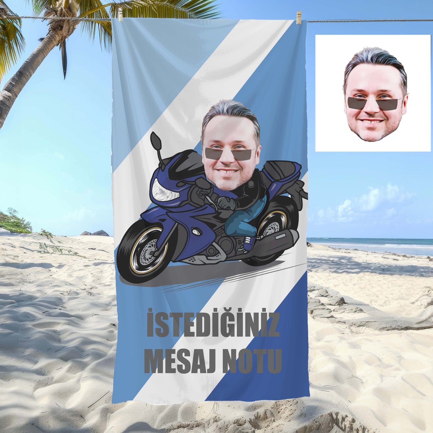 Kişiye Özel Mesajlı Karikatür Motorcu Adam Plaj ve Banyo Havlusu 115857