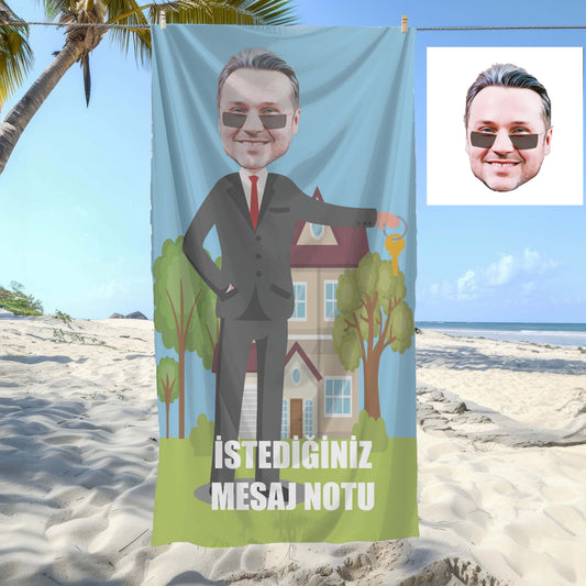 Kişiye Özel Mesajlı Karikatür Fotoğraflı Emlakçı Plaj ve Banyo Havlusu 115875